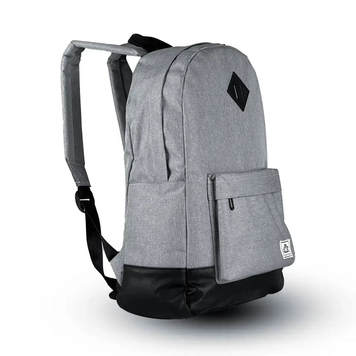 Gray backpack with a water-resistant exterior and a built-in rain cover.