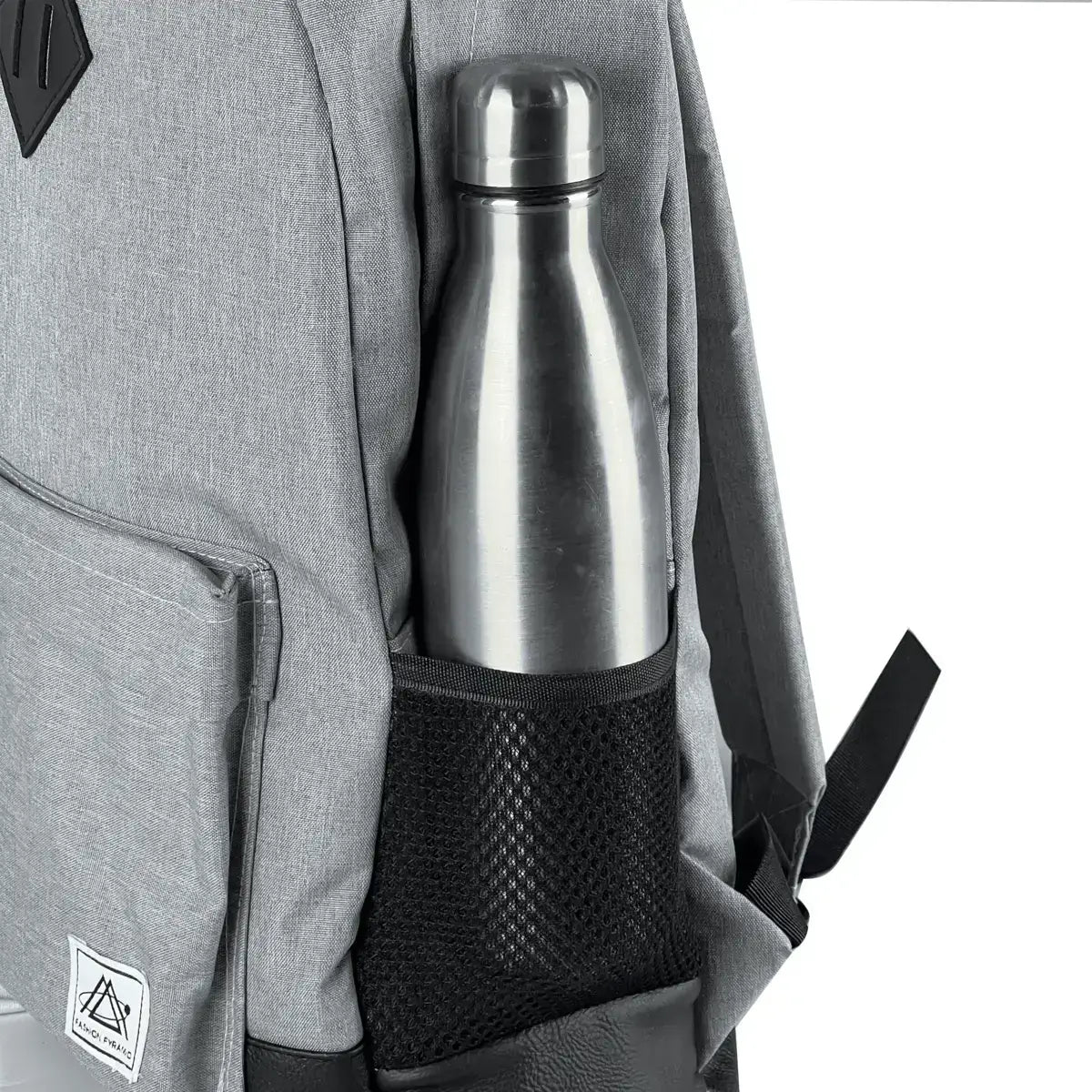 Gray hiking backpack with multiple pockets and straps