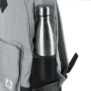 Gray hiking backpack with multiple pockets and straps