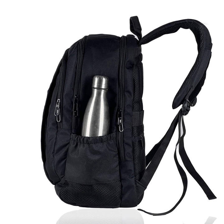 The bag is equipped with a pocket for a water bottle.