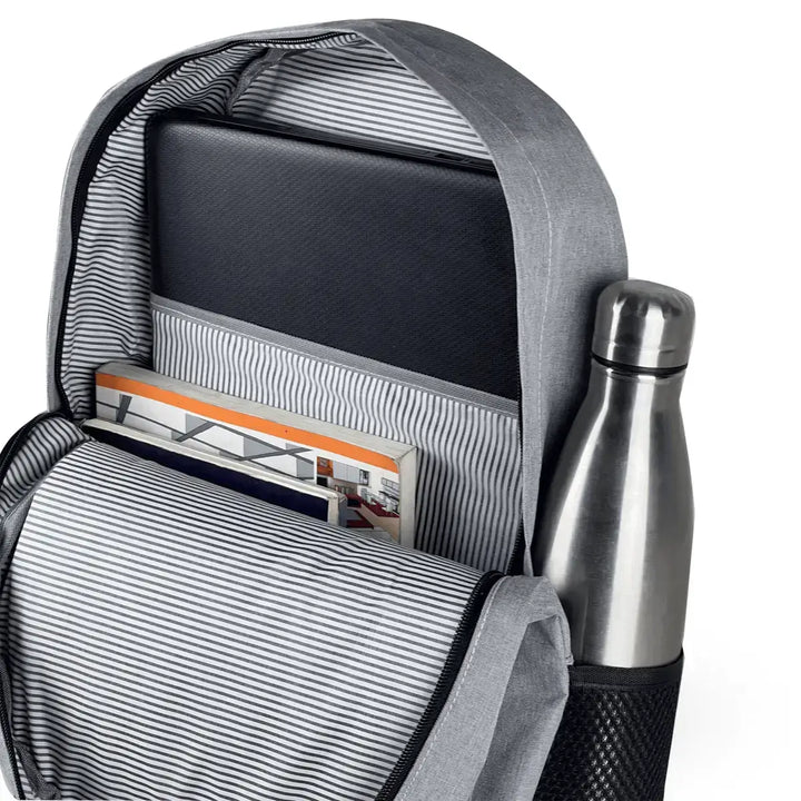 Gray backpack with a reflective strip for added safety during night time.