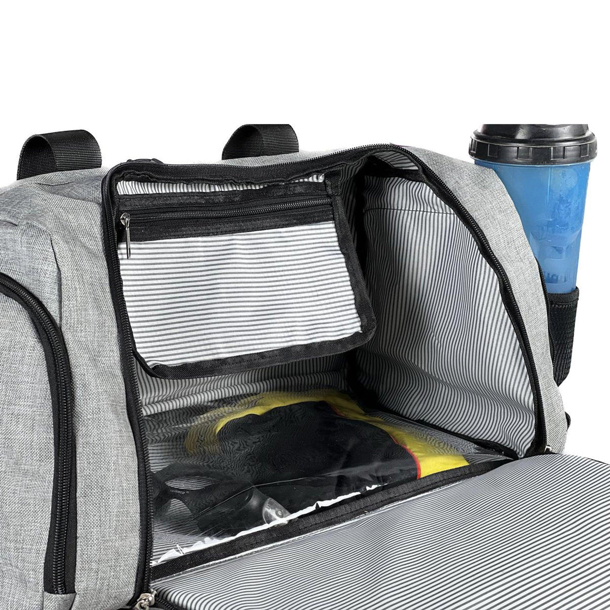 inside pocket in a duffel bag is a compartment that is located inside the main compartment of the bag .